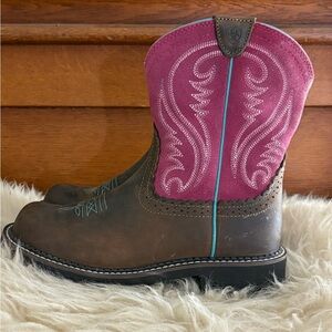 Ariat Fatbaby Heritage Brown Leather Pink Suede Teal Stitching Western Boots